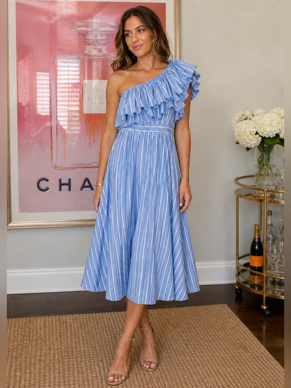Blue Striped One-Shoulder Dress
